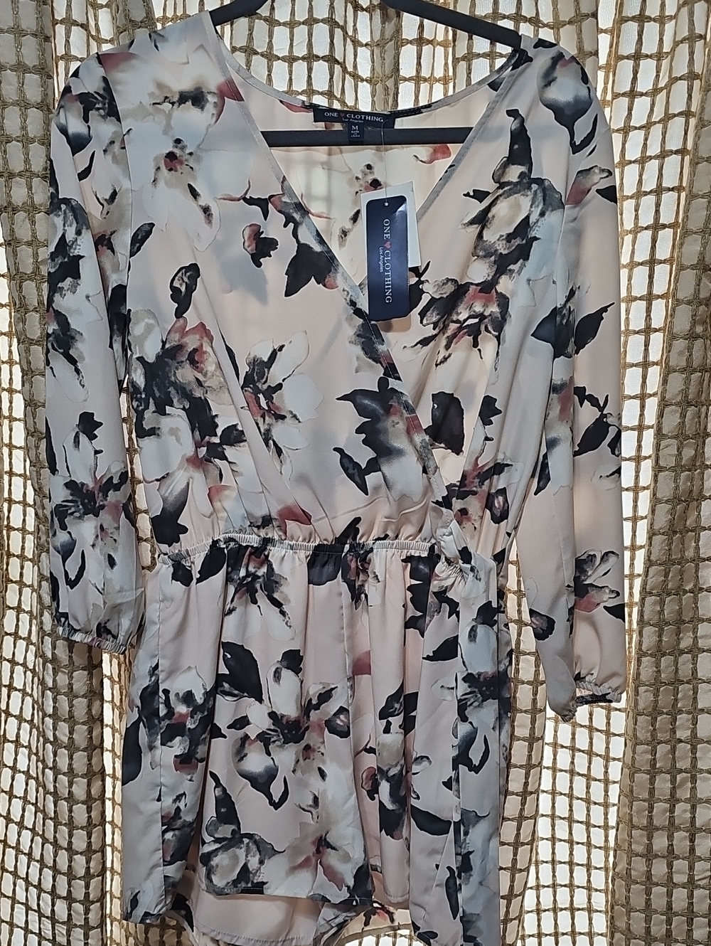 one clothing Cream Floral Print Mini Wrap Dress with Black & Blush Accents